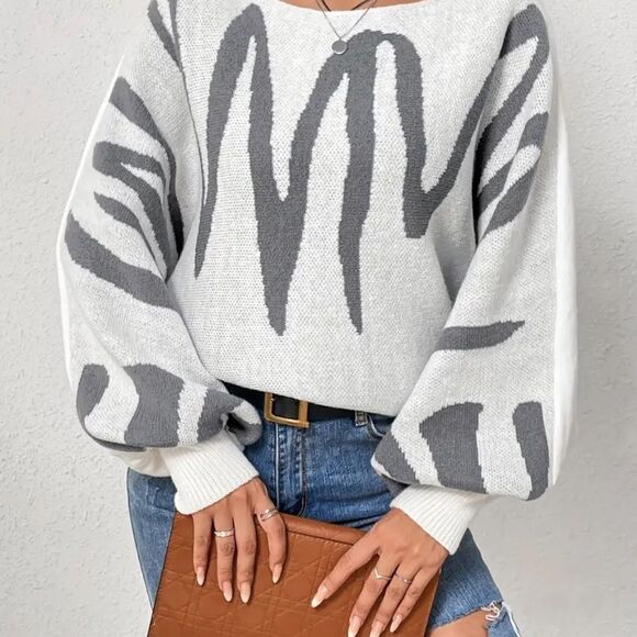 Boat Neck Pullover Sweater Graphic Pattern, Elegant Lantern Sleeve Oversized Swe - Picture 5 of 5